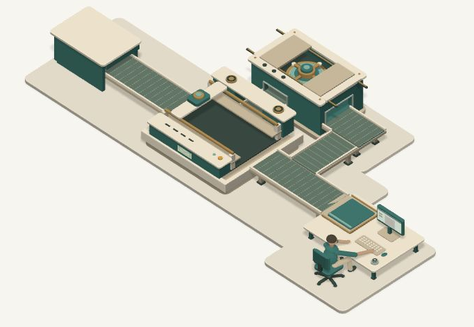 A miniature inquiry-processing machine with conveyors, a scanner and a desk for human review.