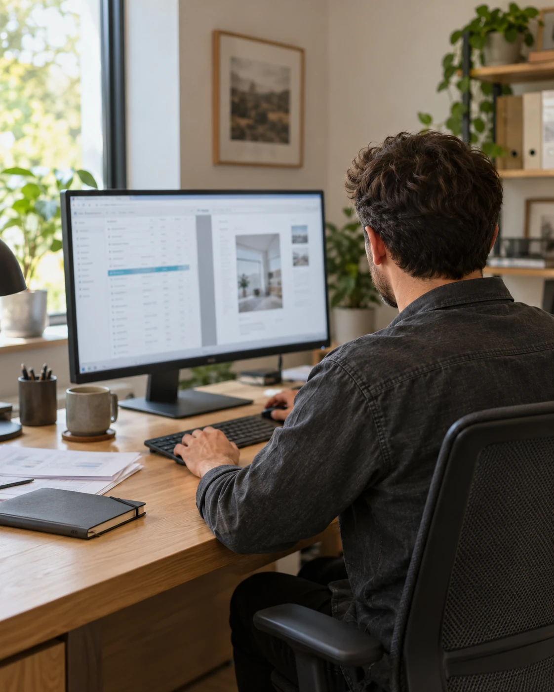 Illustrative office scene, viewed over the shoulder of someone working at a computer.